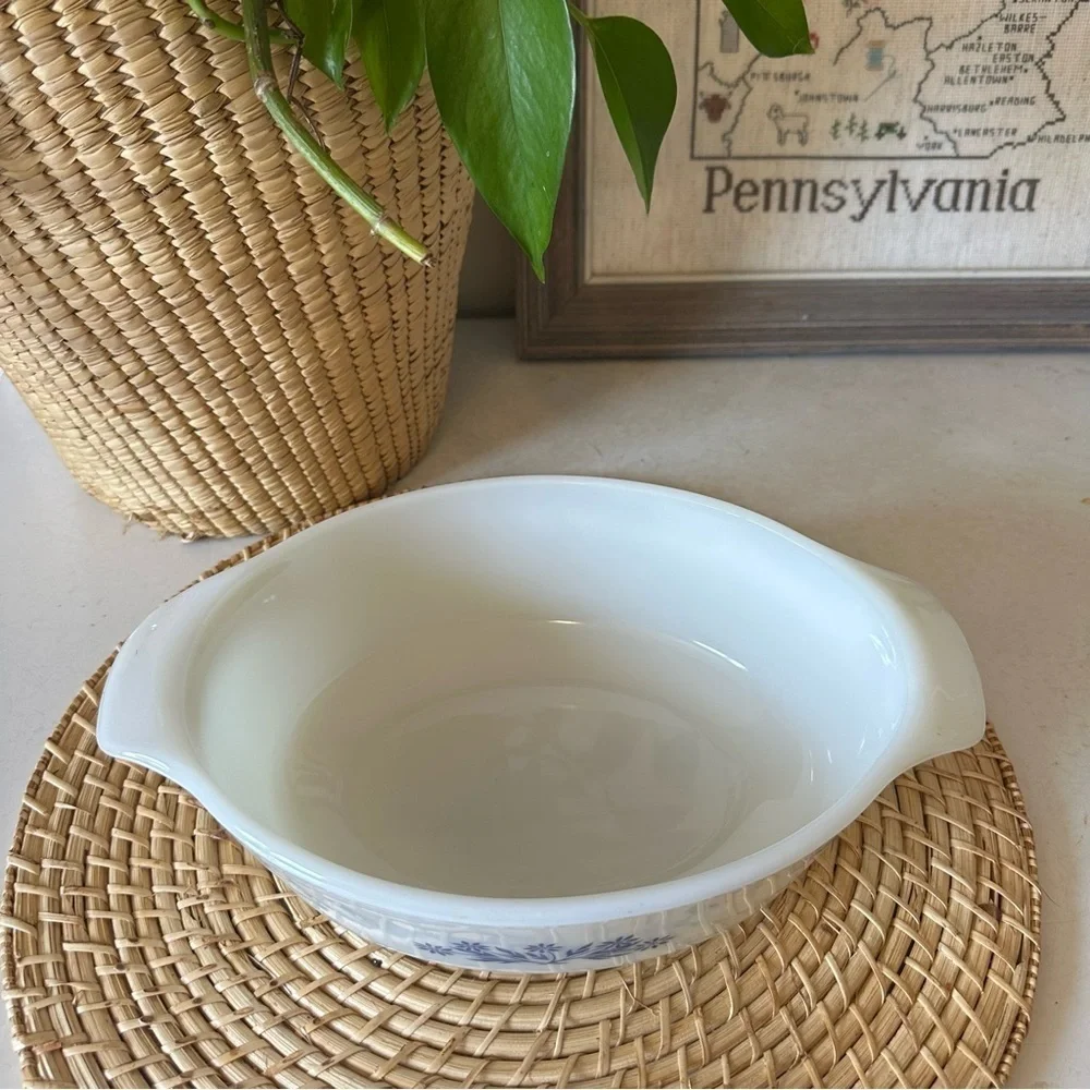Vintage Anchor Hocking Blue Cornflower Milk Glass Casserole Dish